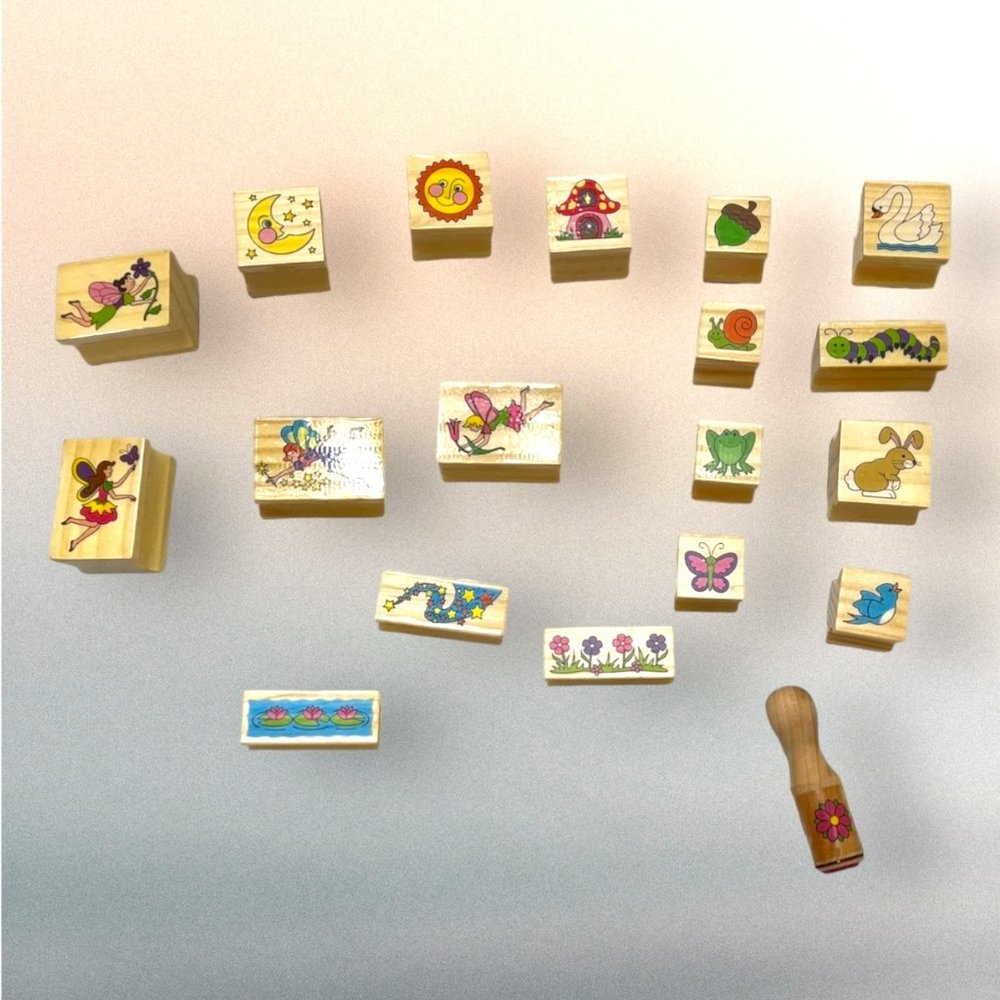 Stamp Lot Fairies 19 Piece Fairy, Animals, Sun, Flower Etc Wood Block Crafts DIY